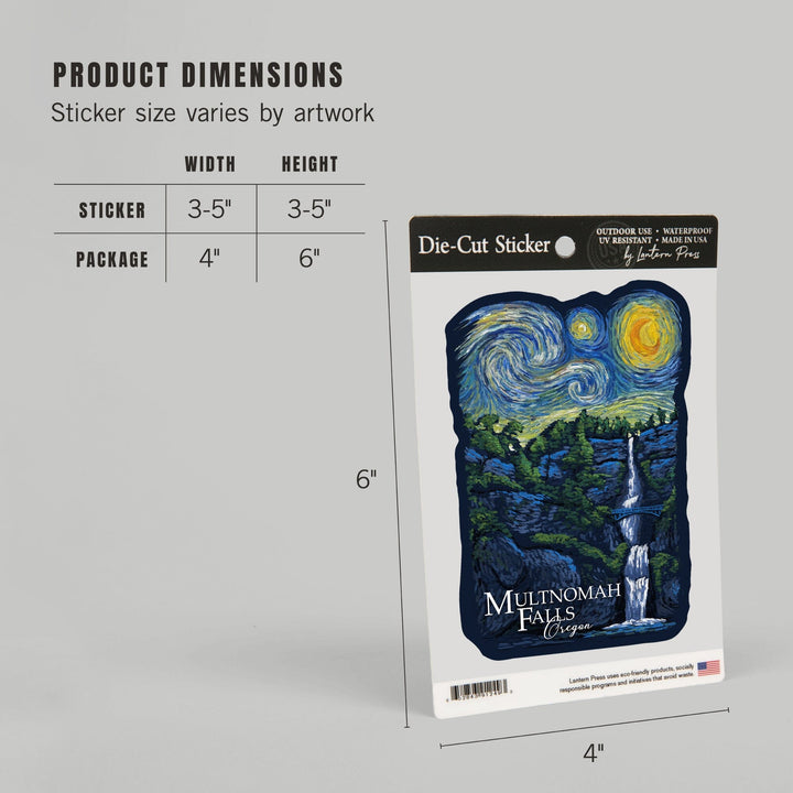 Multnomah Falls, Oregon, Van Gogh Starry Night, Contour, Lantern Press Artwork, Vinyl Sticker Sticker Lantern Press