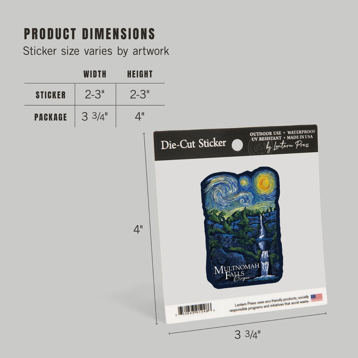 Multnomah Falls, Oregon, Van Gogh Starry Night, Contour, Lantern Press Artwork, Vinyl Sticker Sticker Lantern Press