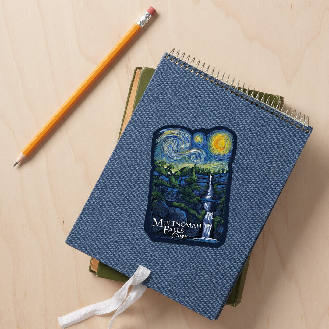 Multnomah Falls, Oregon, Van Gogh Starry Night, Contour, Lantern Press Artwork, Vinyl Sticker Sticker Lantern Press