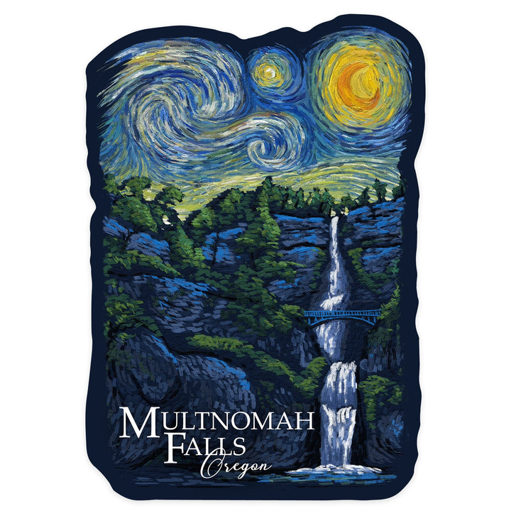 Multnomah Falls, Oregon, Van Gogh Starry Night, Contour, Lantern Press Artwork, Vinyl Sticker Sticker Lantern Press