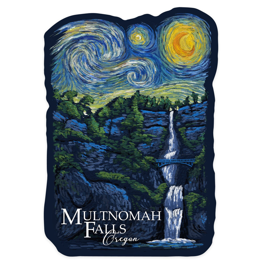 Multnomah Falls, Oregon, Van Gogh Starry Night, Contour, Lantern Press Artwork, Vinyl Sticker Sticker Lantern Press