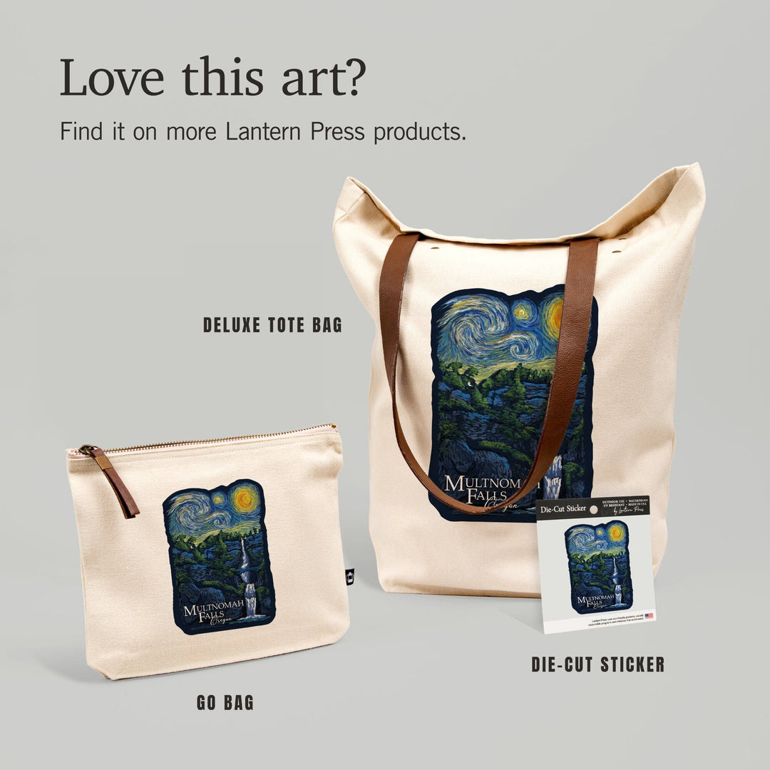 Multnomah Falls, Oregon, Van Gogh Starry Night, Contour, Lantern Press Artwork, Vinyl Sticker Sticker Lantern Press