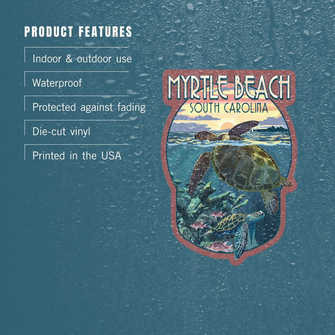 Myrtle Beach, South Carolina, Loggerhead Sea Turtle & Sunset, Contour, Lantern Press Artwork, Vinyl Sticker Sticker Lantern Press