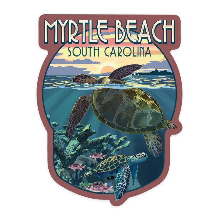 Myrtle Beach, South Carolina, Loggerhead Sea Turtle & Sunset, Contour, Lantern Press Artwork, Vinyl Sticker Sticker Lantern Press