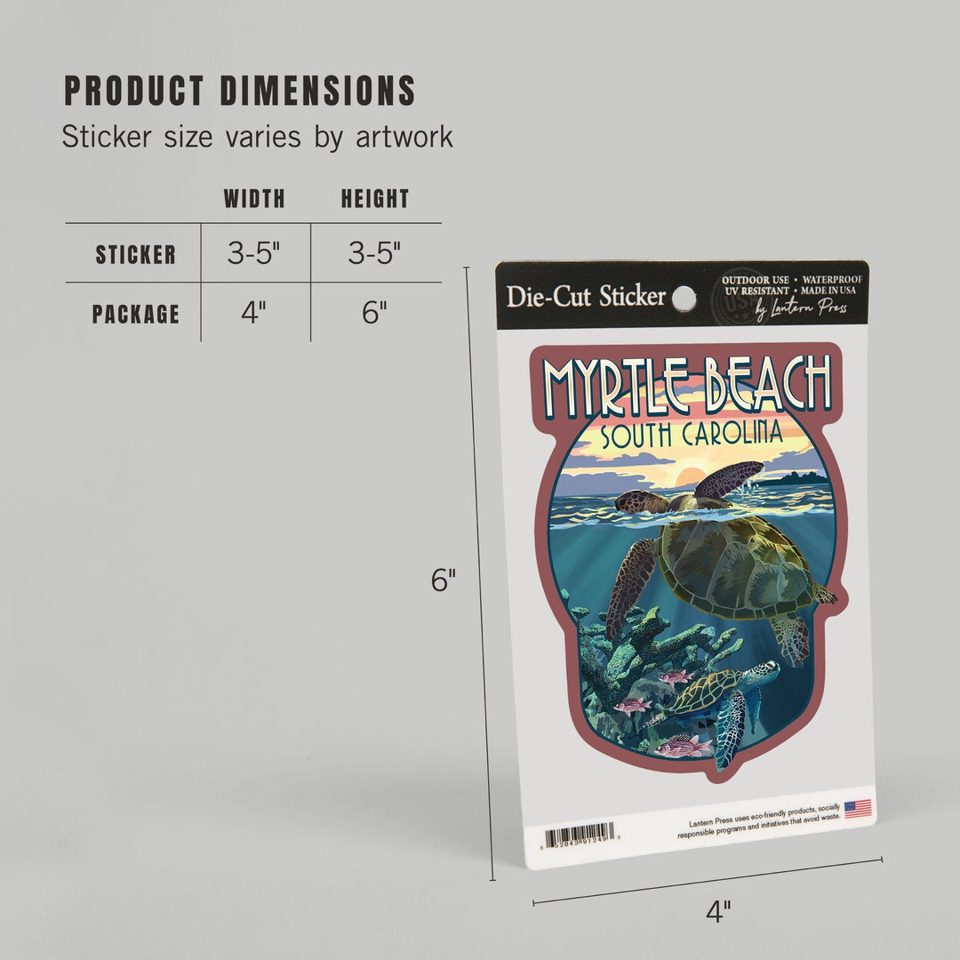 Myrtle Beach, South Carolina, Loggerhead Sea Turtle & Sunset, Contour, Lantern Press Artwork, Vinyl Sticker Sticker Lantern Press