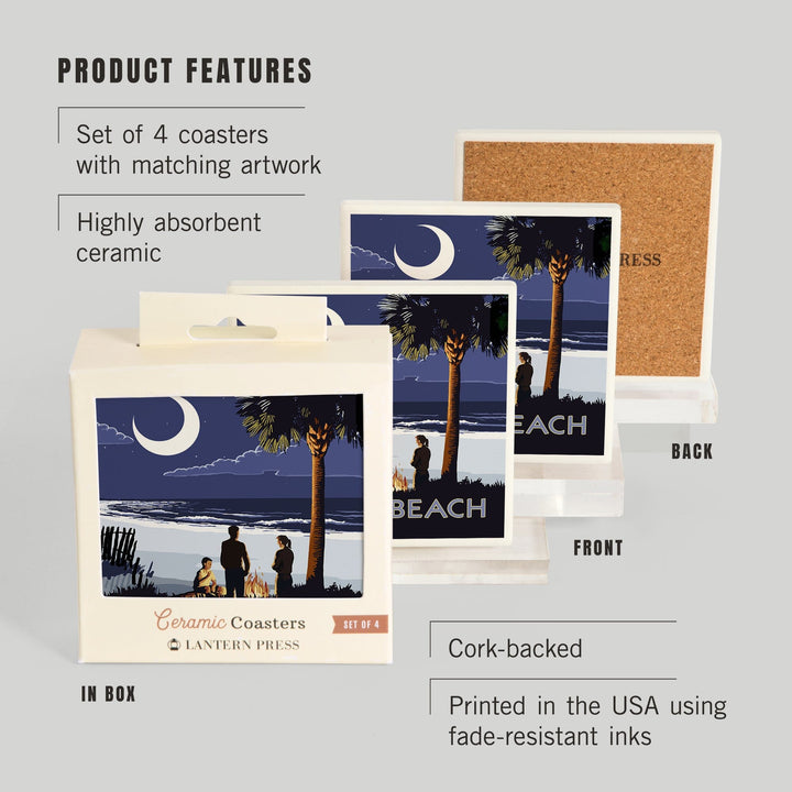 Myrtle Beach, South Carolina, Palmetto Moon and Bonfire, Coasters Coasters Lantern Press