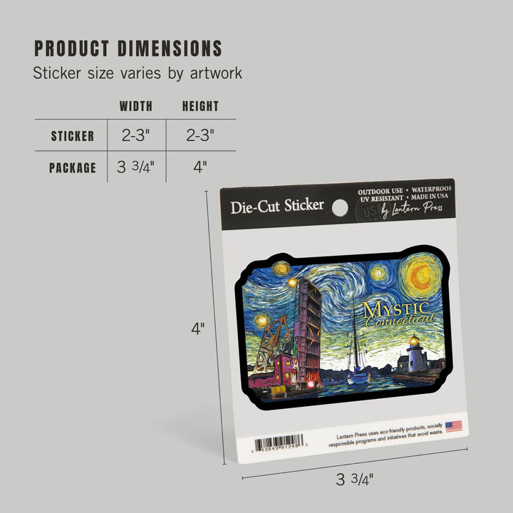 Mystic, Connecticut, Starry Night, Contour, Vinyl Sticker Sticker Lantern Press