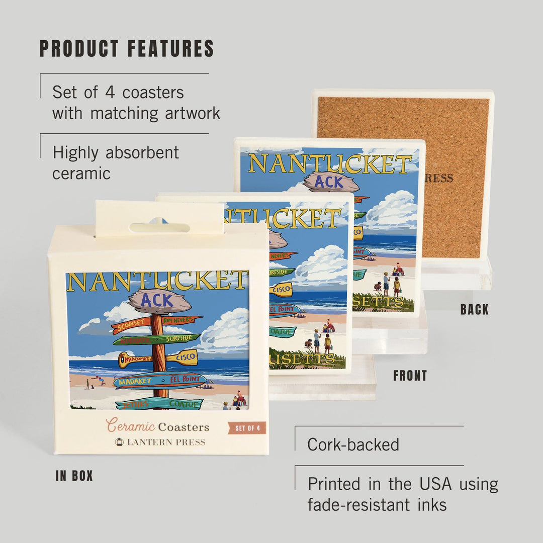 Nantucket, Massachusetts, Destinations Sign, Coasters Coasters Lantern Press