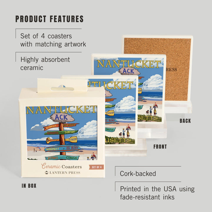 Nantucket, Massachusetts, Destinations Sign, Coasters Coasters Lantern Press