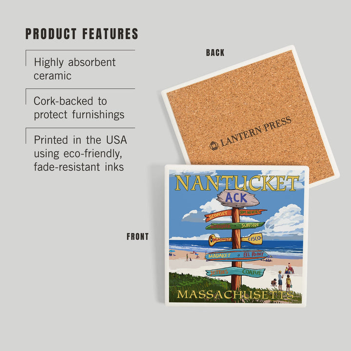 Nantucket, Massachusetts, Destinations Sign, Coasters Coasters Lantern Press