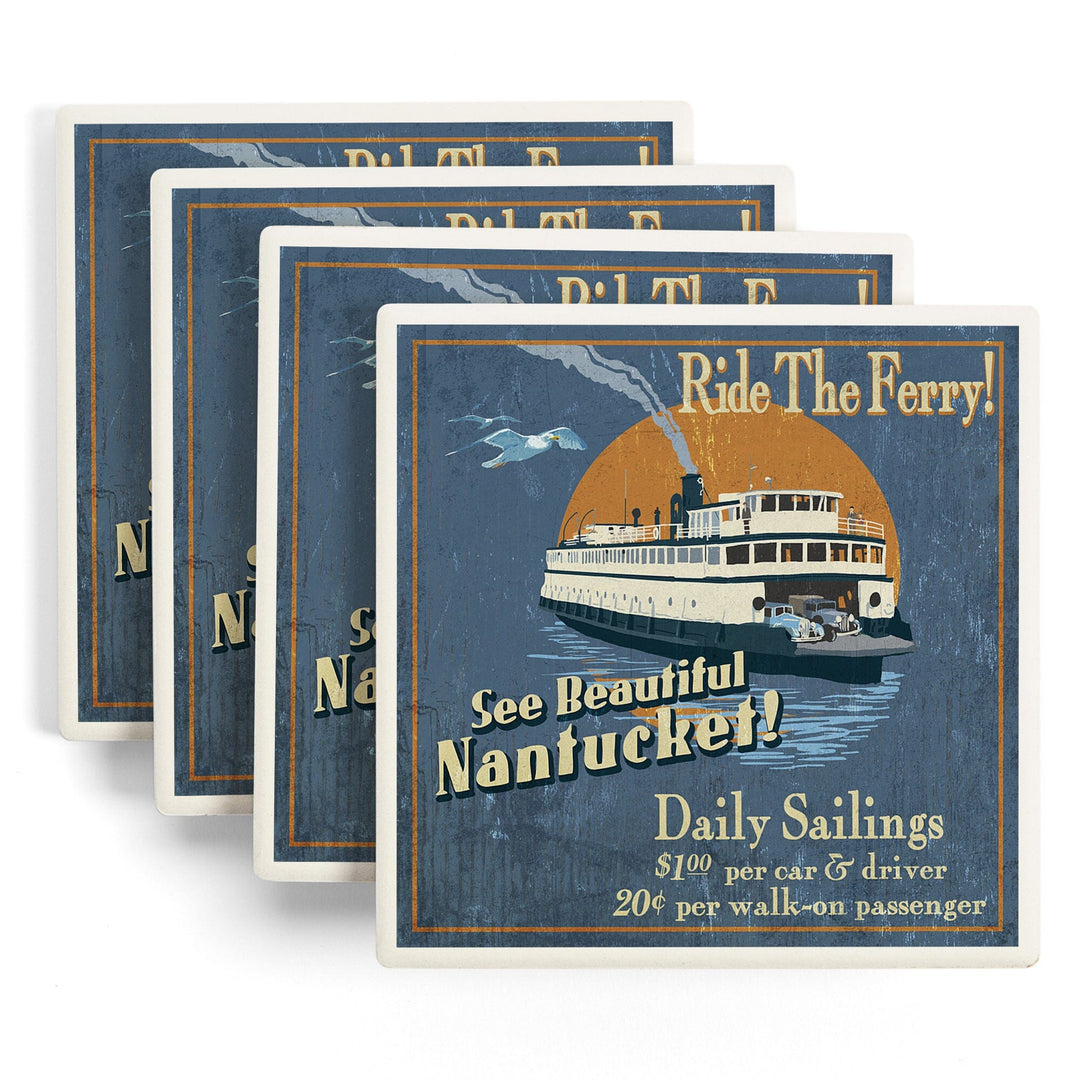 Nantucket, Massachusetts, Ferry Ride Vintage Sign, Coasters Coasters Lantern Press