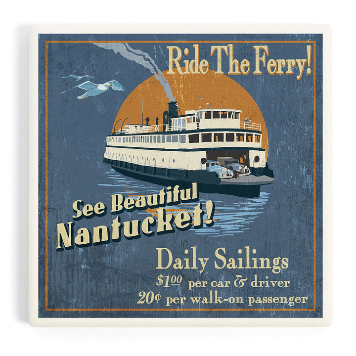 Nantucket, Massachusetts, Ferry Ride Vintage Sign, Coasters Coasters Lantern Press Coaster