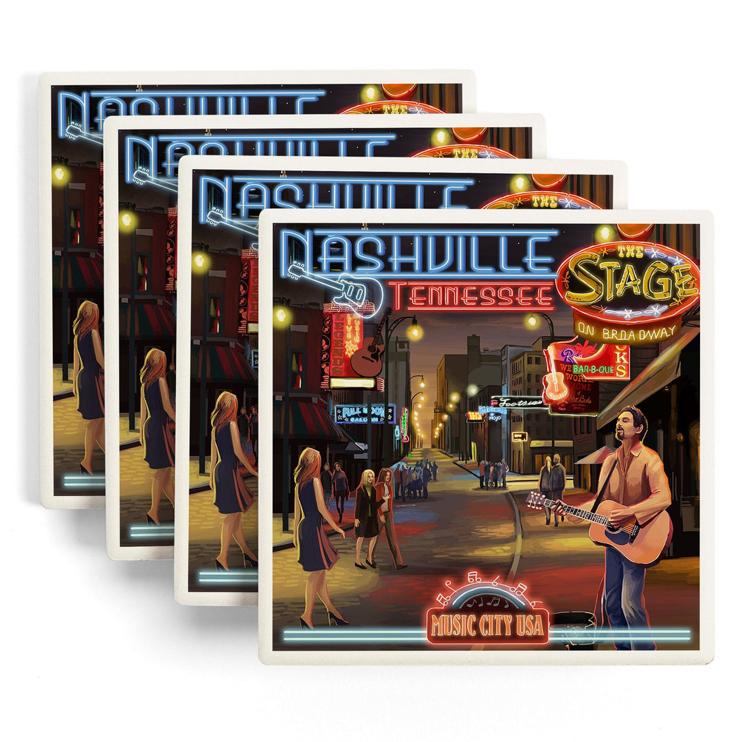 Nashville, Tennessee, Broadway at Night, Coasters Coasters Lantern Press