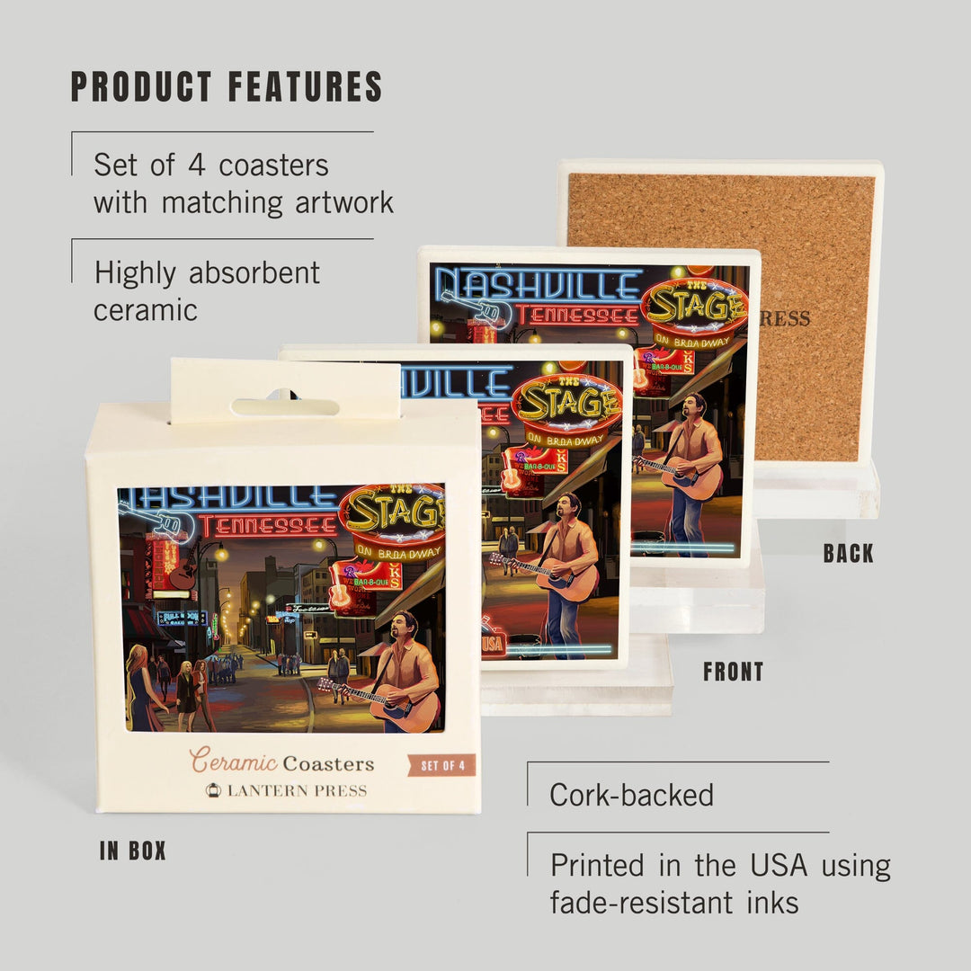 Nashville, Tennessee, Broadway at Night, Coasters Coasters Lantern Press