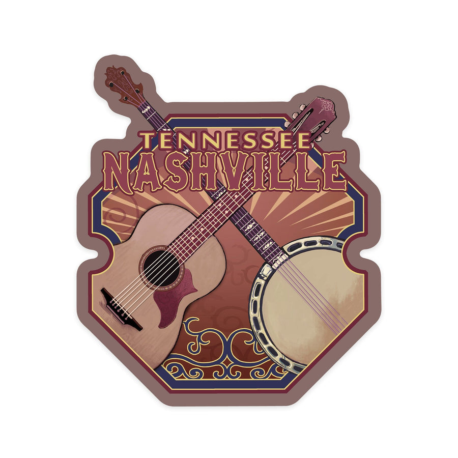 Nashville, Tennessee, Guitar & Banjo, Contour, Lantern Press Artwork, Vinyl Sticker Sticker Lantern Press