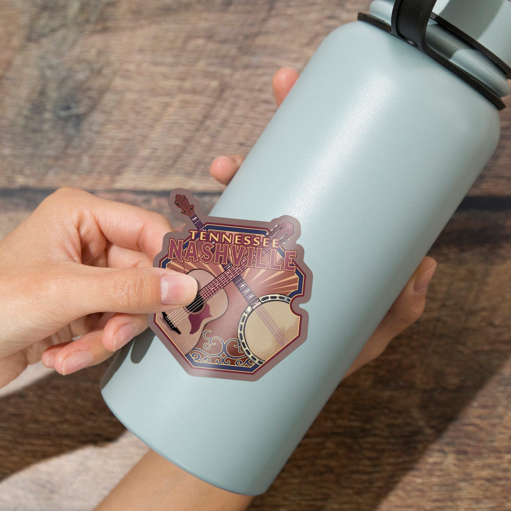 Nashville, Tennessee, Guitar & Banjo, Contour, Lantern Press Artwork, Vinyl Sticker Sticker Lantern Press