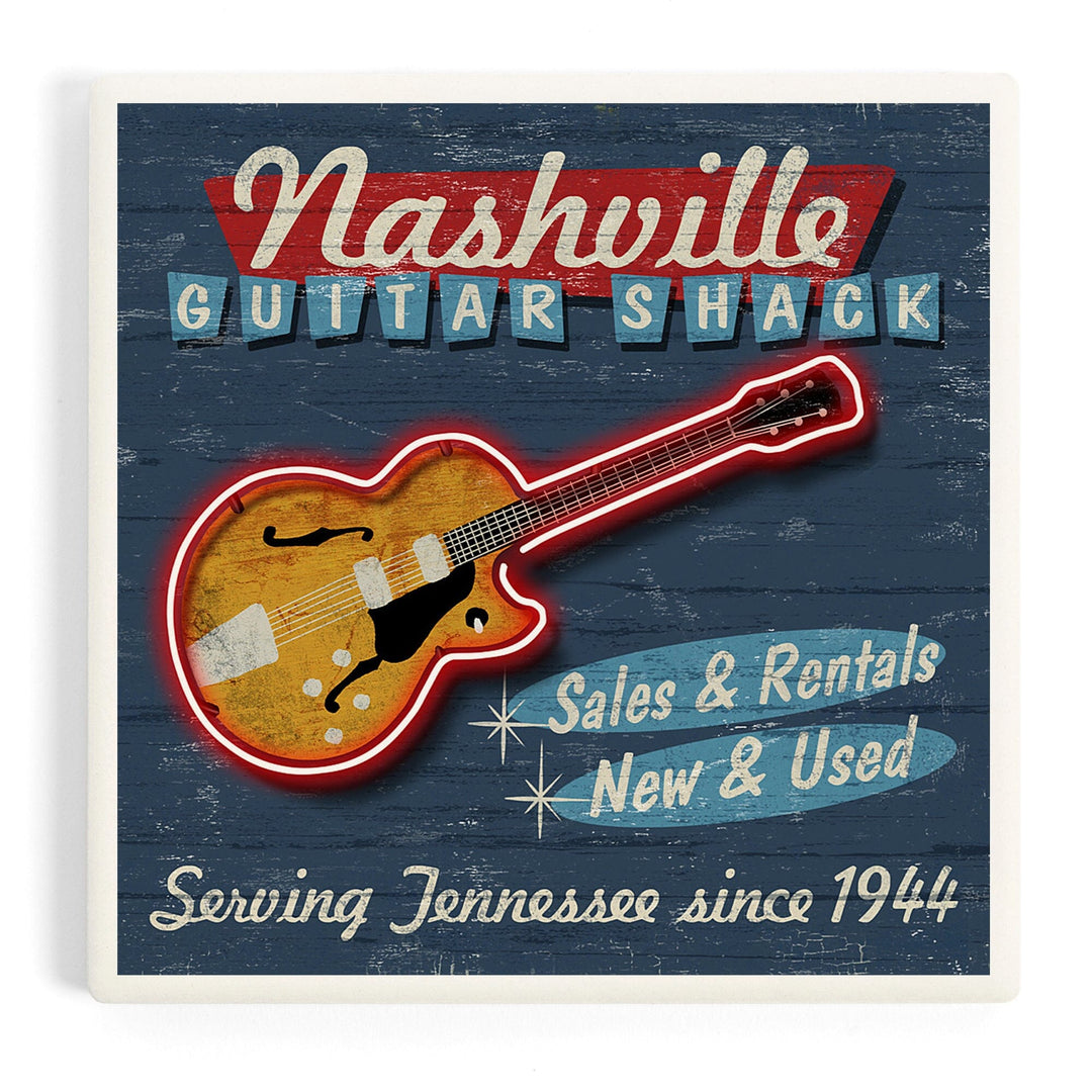 Nashville, Tennessee, Guitar Shack Vintage Sign, Coasters Coasters Lantern Press Coaster