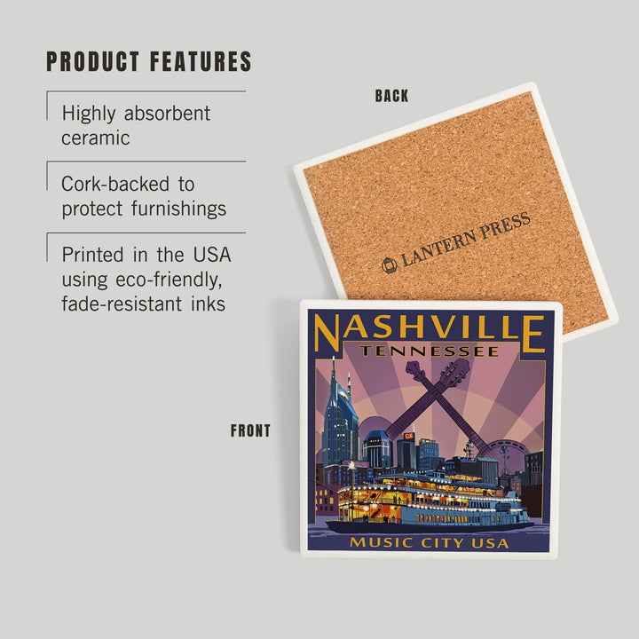 Nashville, Tennessee, Skyline at Night, Coasters Coasters Lantern Press