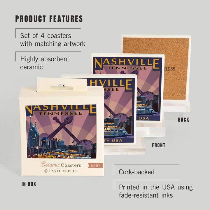 Nashville, Tennessee, Skyline at Night, Coasters Coasters Lantern Press
