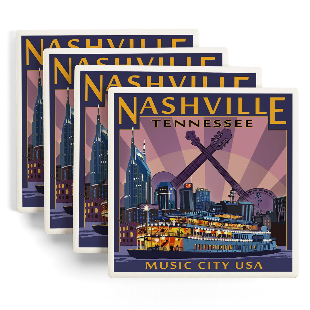 Nashville, Tennessee, Skyline at Night, Coasters Coasters Lantern Press