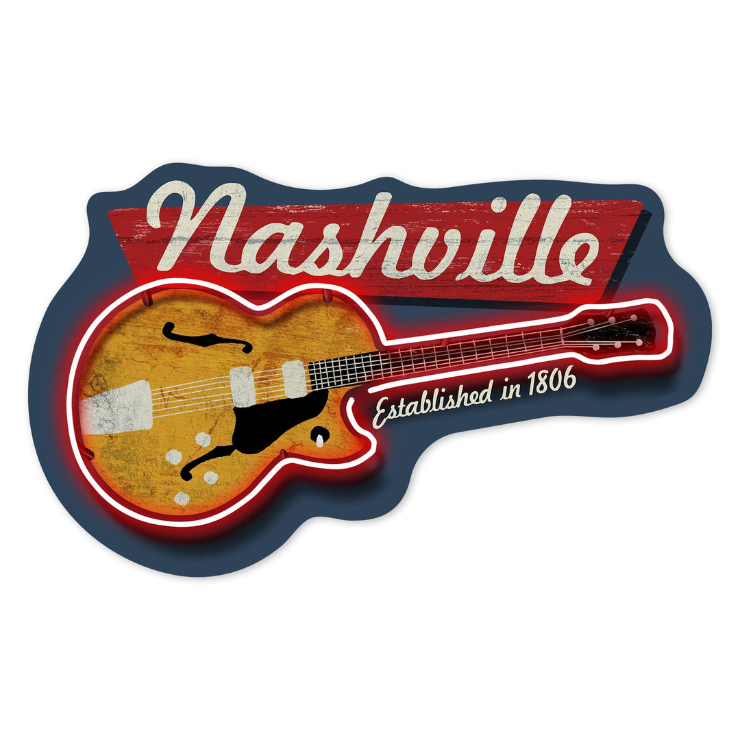 Nashville, Tennessee, Vintage Guitar Sign, Contour, Vinyl Sticker Sticker Lantern Press