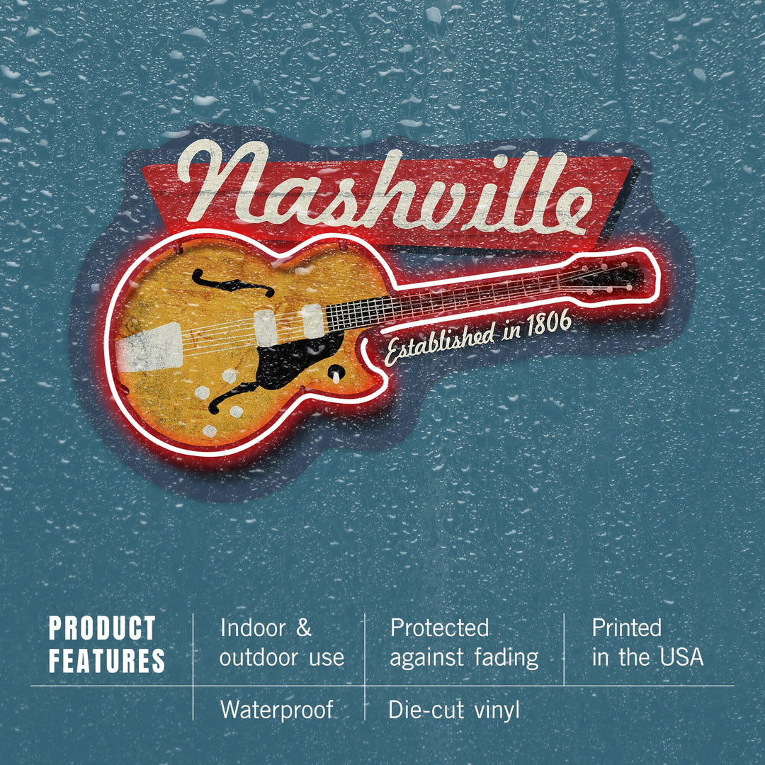 Nashville, Tennessee, Vintage Guitar Sign, Contour, Vinyl Sticker Sticker Lantern Press