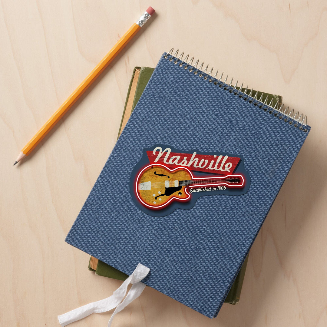 Nashville, Tennessee, Vintage Guitar Sign, Contour, Vinyl Sticker Sticker Lantern Press