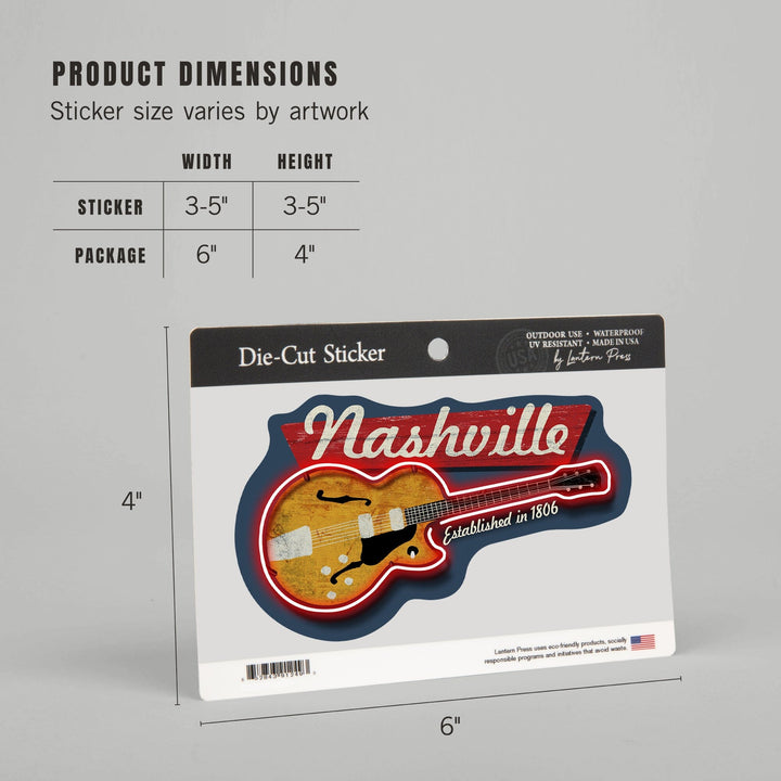 Nashville, Tennessee, Vintage Guitar Sign, Contour, Vinyl Sticker Sticker Lantern Press