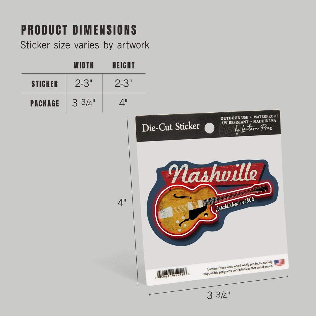Nashville, Tennessee, Vintage Guitar Sign, Contour, Vinyl Sticker Sticker Lantern Press