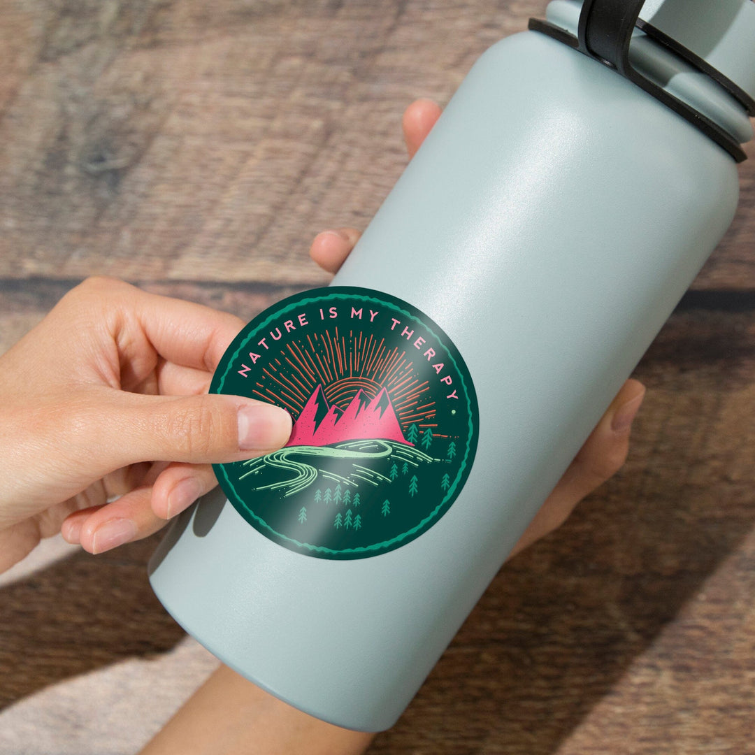 Nature Is My Therapy, Green & Pink on Green, Lantern Press Artwork, Vinyl Sticker Sticker Lantern Press