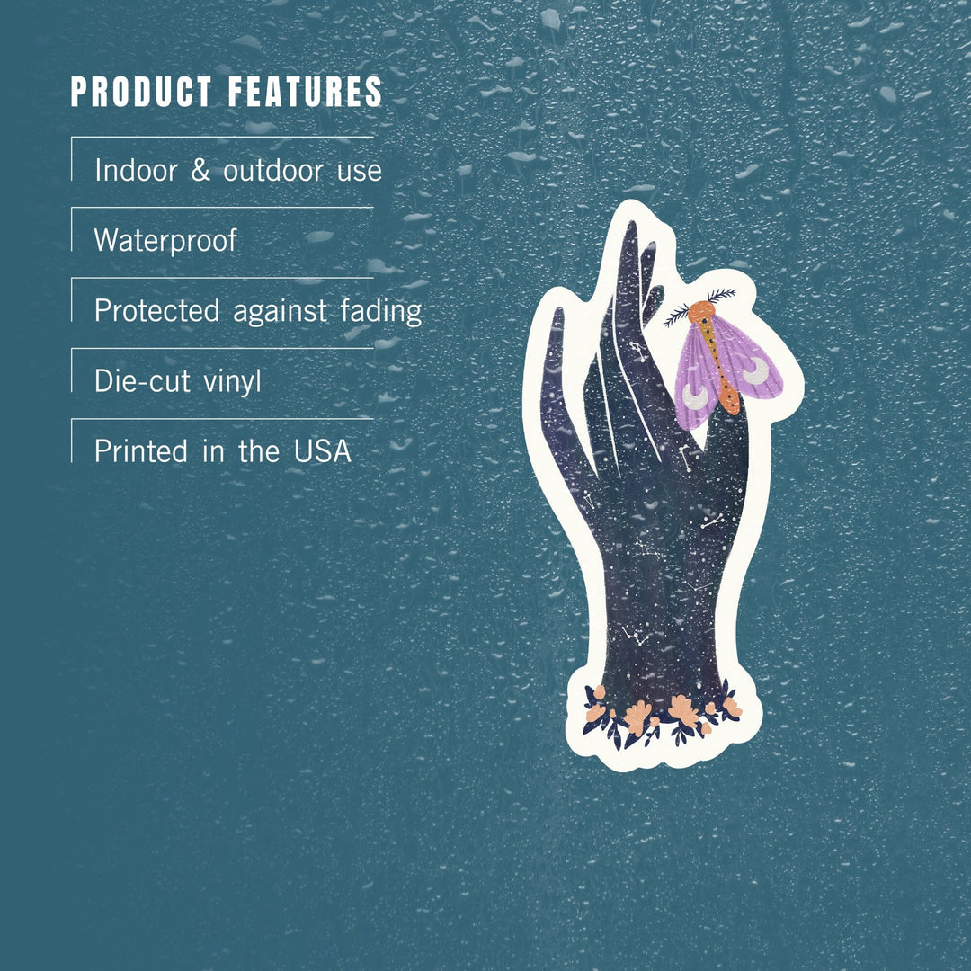 Nature's Beauty Series, Midnight Moth Hand, Contour, Vinyl Sticker Sticker Lantern Press