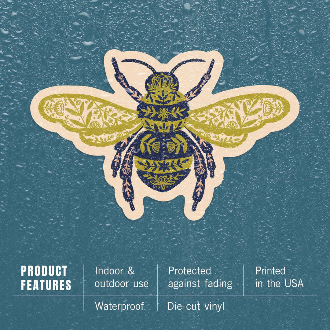 Nature's Beauty Series, Ornate Floral Bee, Contour, Vinyl Sticker Sticker Lantern Press