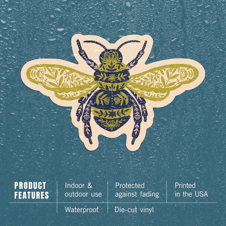 Nature's Beauty Series, Ornate Floral Bee, Contour, Vinyl Sticker Sticker Lantern Press