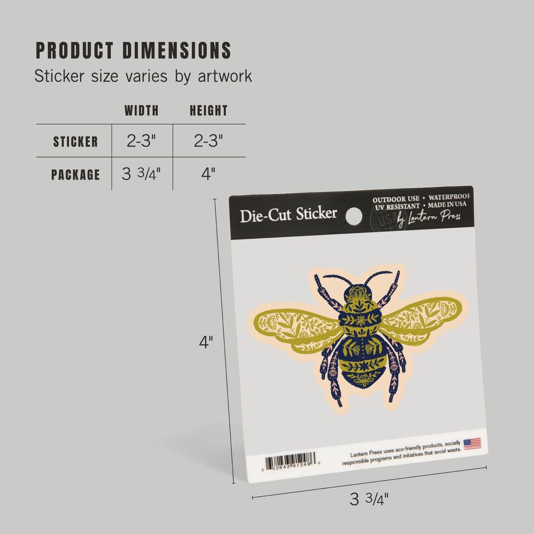 Nature's Beauty Series, Ornate Floral Bee, Contour, Vinyl Sticker Sticker Lantern Press