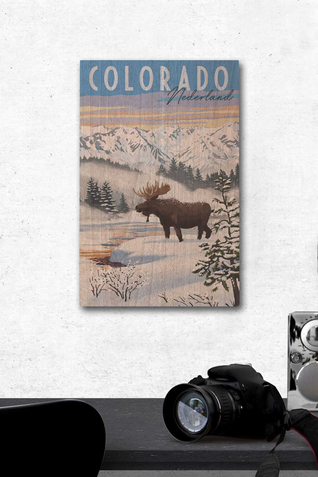 Nederland, Colorado, Moose, Winter Scene, Lantern Press Artwork, Wood Signs and Postcards Wood Lantern Press 12 x 18 Wood Gallery Print
