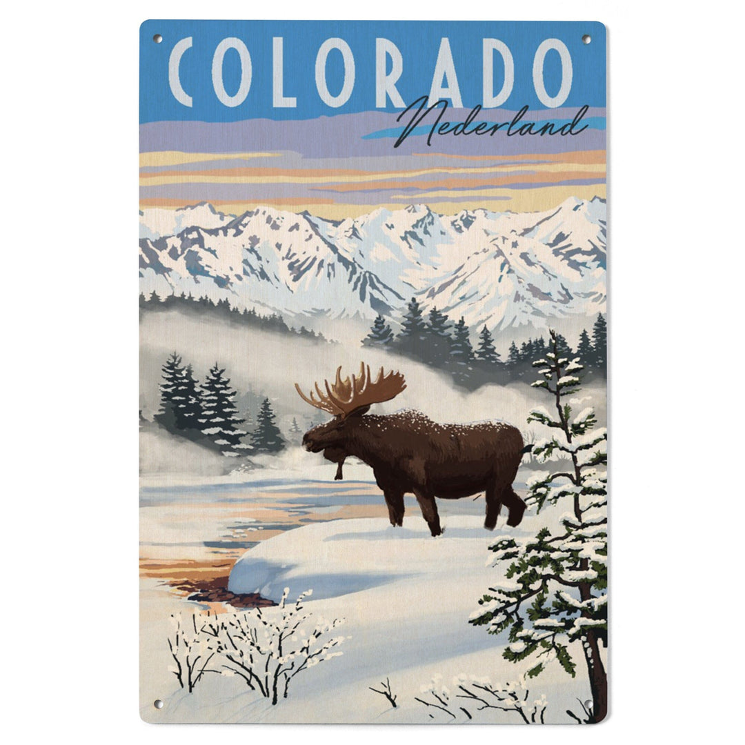 Nederland, Colorado, Moose, Winter Scene, Lantern Press Artwork, Wood Signs and Postcards Wood Lantern Press