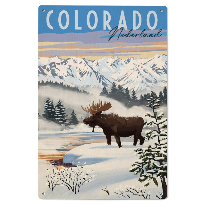 Nederland, Colorado, Moose, Winter Scene, Lantern Press Artwork, Wood Signs and Postcards Wood Lantern Press