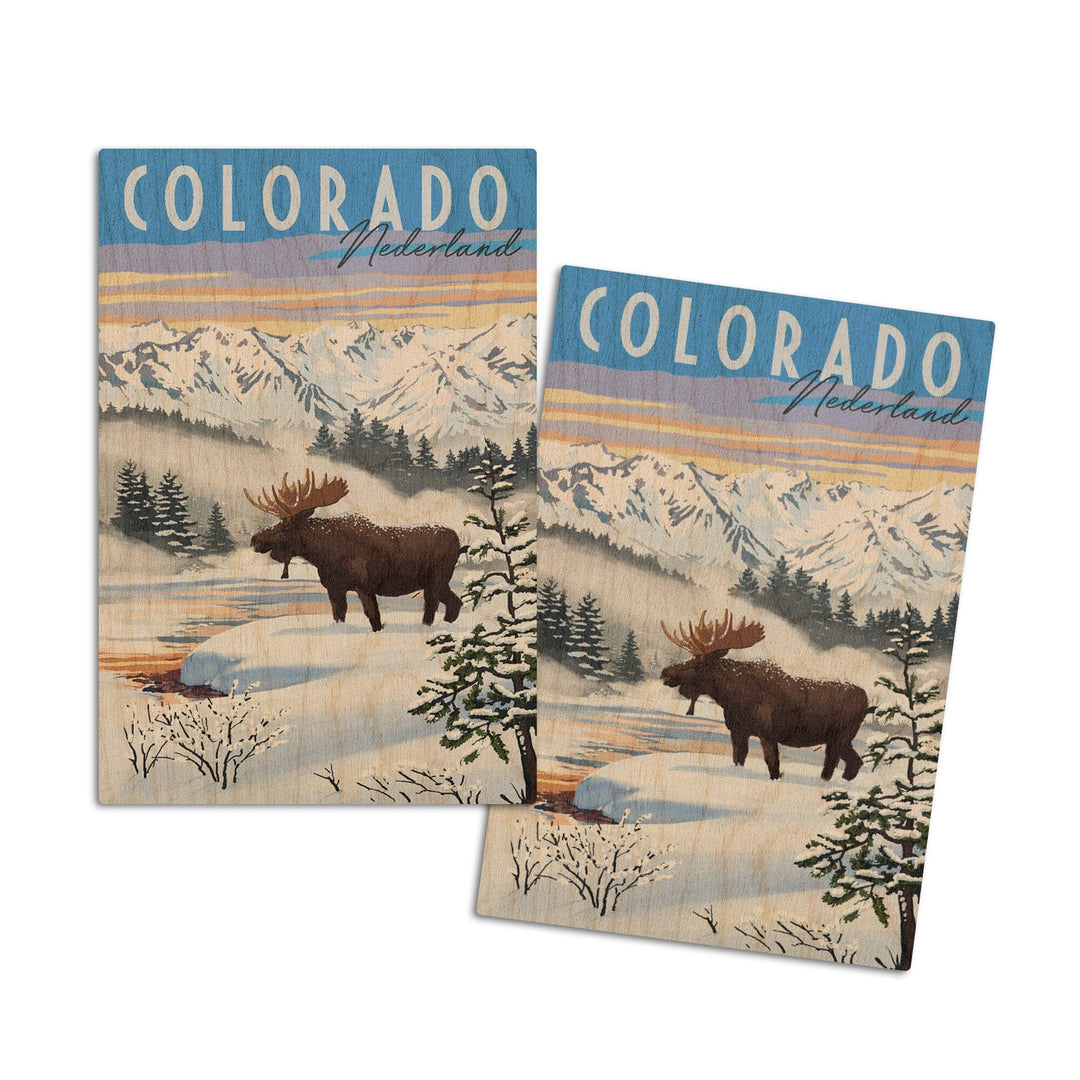Nederland, Colorado, Moose, Winter Scene, Lantern Press Artwork, Wood Signs and Postcards Wood Lantern Press 4x6 Wood Postcard Set
