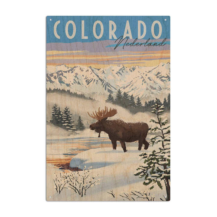 Nederland, Colorado, Moose, Winter Scene, Lantern Press Artwork, Wood Signs and Postcards Wood Lantern Press 6x9 Wood Sign