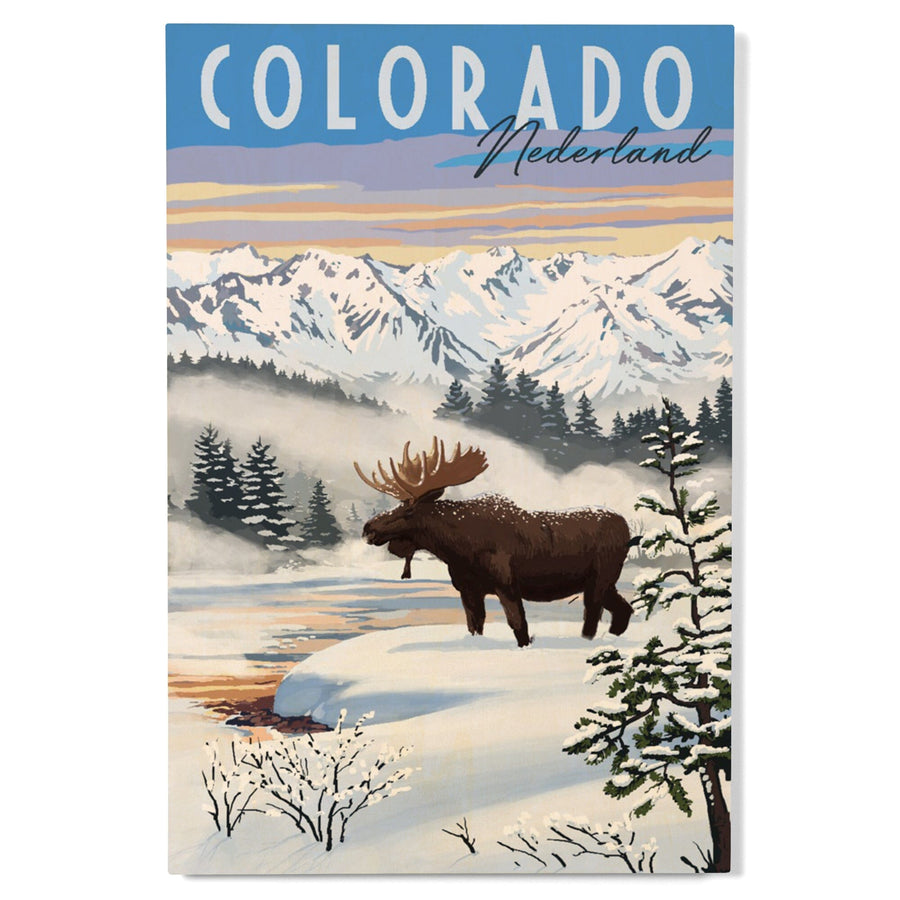Nederland, Colorado, Moose, Winter Scene, Lantern Press Artwork, Wood Signs and Postcards Wood Lantern Press