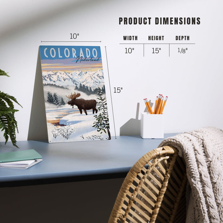 Nederland, Colorado, Moose, Winter Scene, Lantern Press Artwork, Wood Signs and Postcards Wood Lantern Press