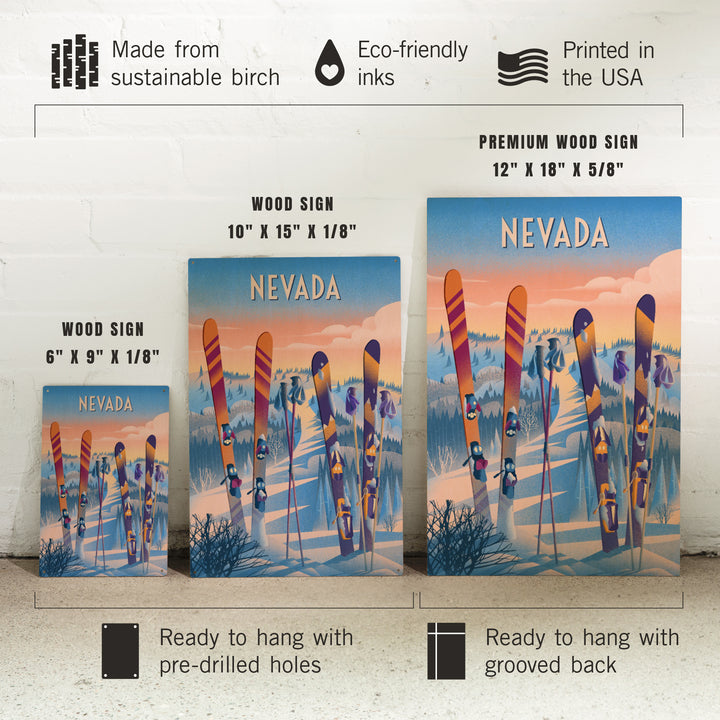 Nevada, Prepare for Takeoff, Skis in Snowbank, Wood Signs and Postcards Wood Lantern Press