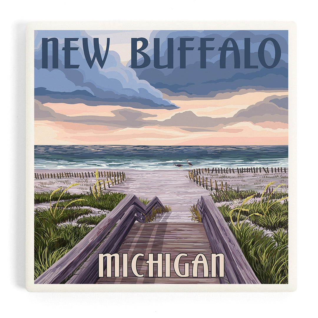 New Buffalo, Michigan, Beach Scene, Coasters Coasters Lantern Press Coaster