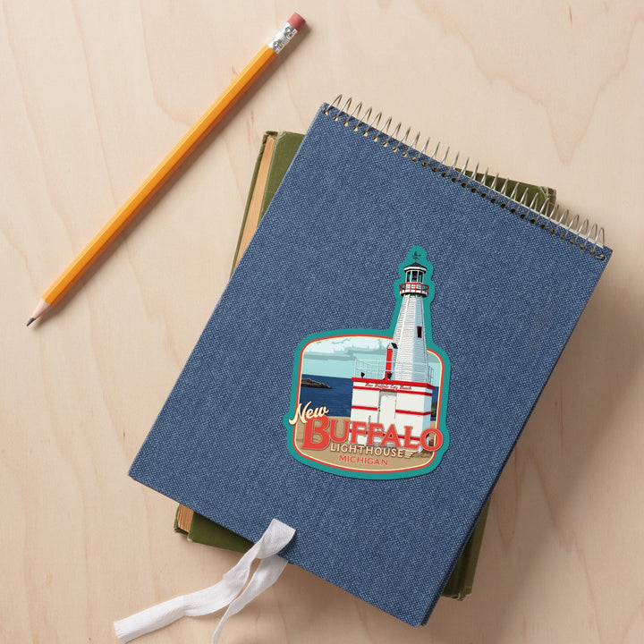 New Buffalo, Michigan, New Buffalo Lighthouse, Contour, Lantern Press Artwork, Vinyl Sticker Sticker Lantern Press