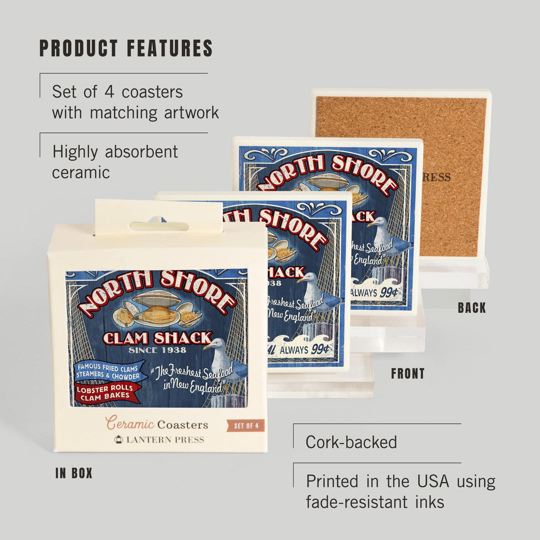 New England, Clam Shack Vintage Sign, Coasters Coasters Lantern Press