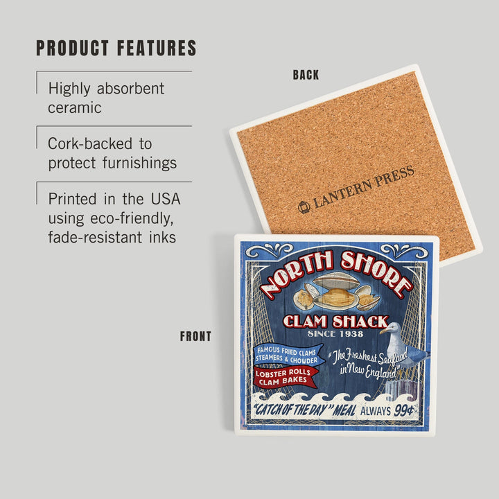 New England, Clam Shack Vintage Sign, Coasters Coasters Lantern Press