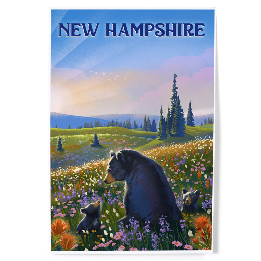 New Hampshire, Lithograph, Bear Family in Field, Art & Giclee Prints Art Lantern Press