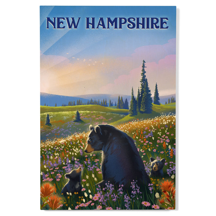 New Hampshire, Lithograph, Bear Family in Field, Wood Signs and Postcards Wood Lantern Press