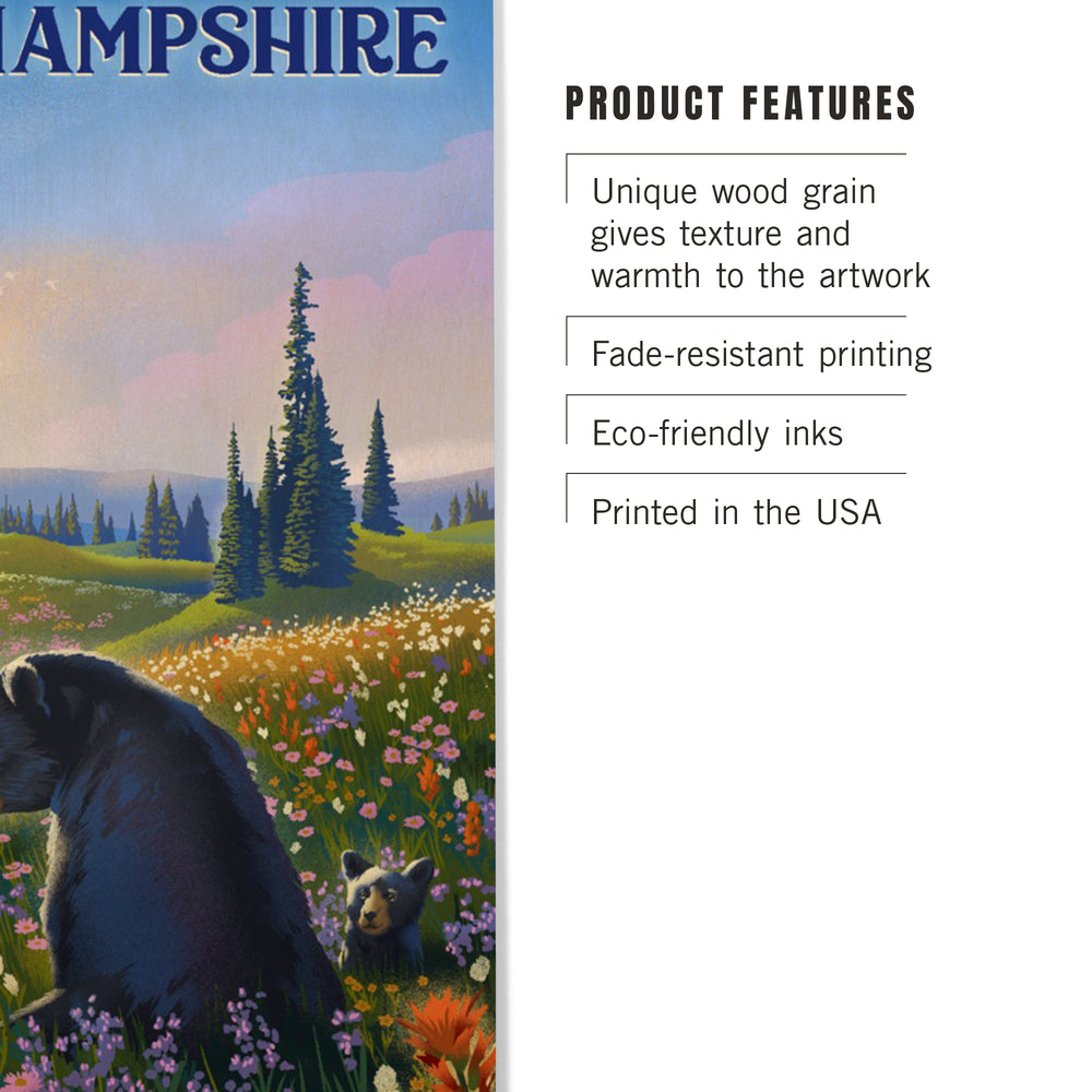 New Hampshire, Lithograph, Bear Family in Field, Wood Signs and Postcards Wood Lantern Press