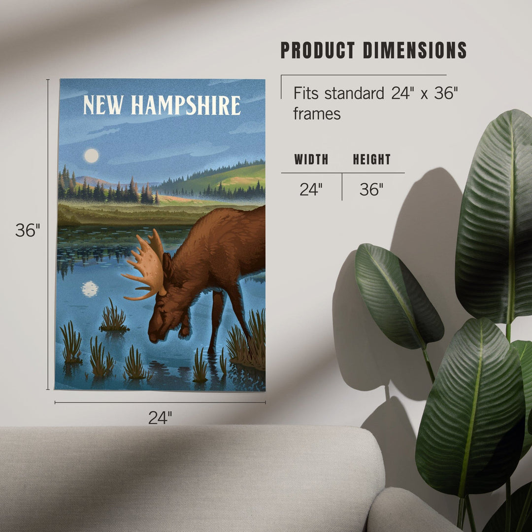 New Hampshire, Lithograph, Reflection Pond and Bull Moose, Art & Giclee Prints Art Lantern Press